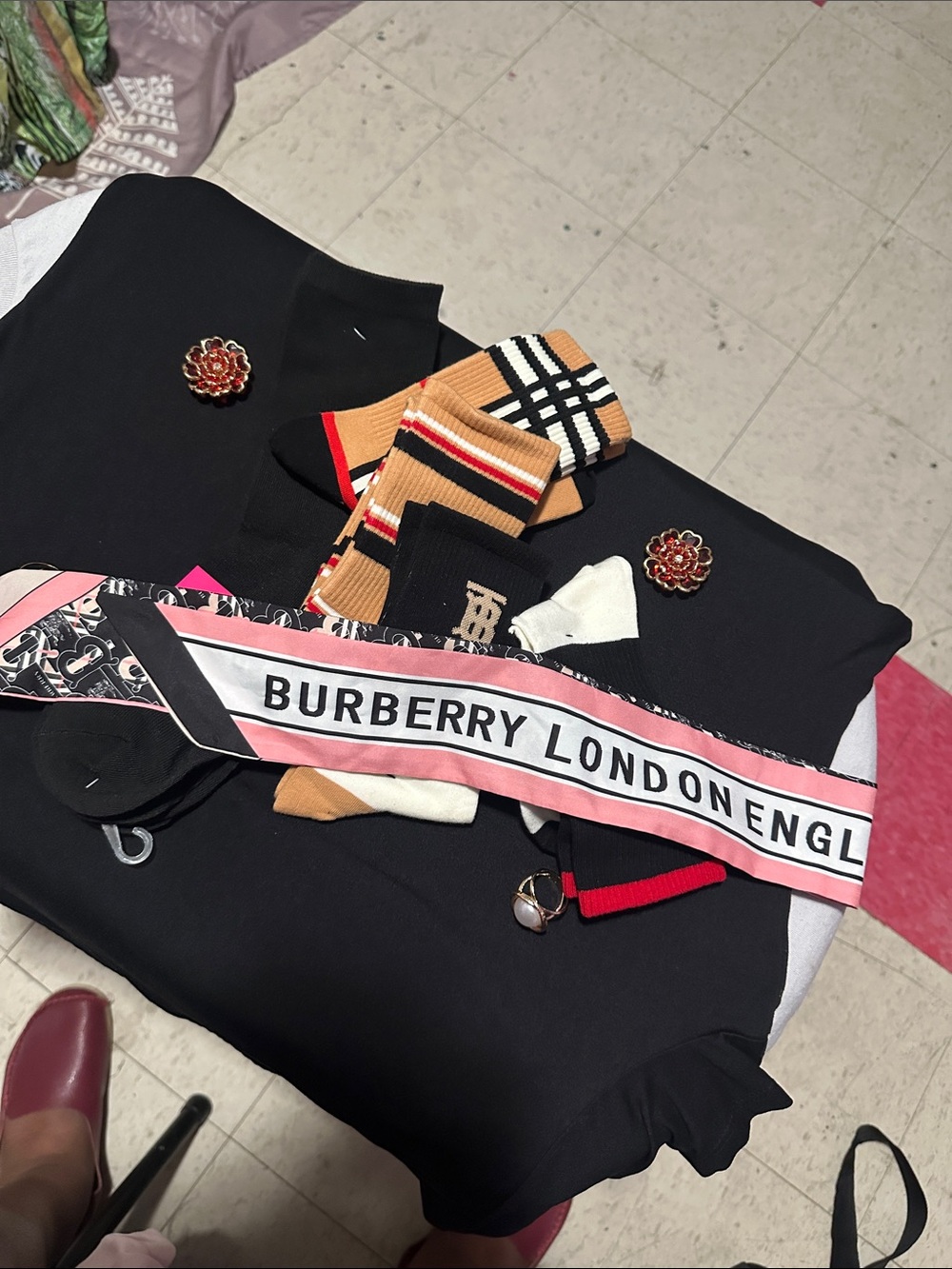 Burberry Pink and Black Logo Scarf with Tan Check Socks